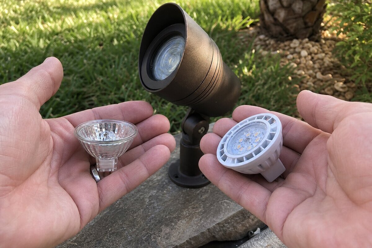 Halogen landscape lighting lamp and LED replacement lamp held near an outdoor fixture in a Palm Bay backyard